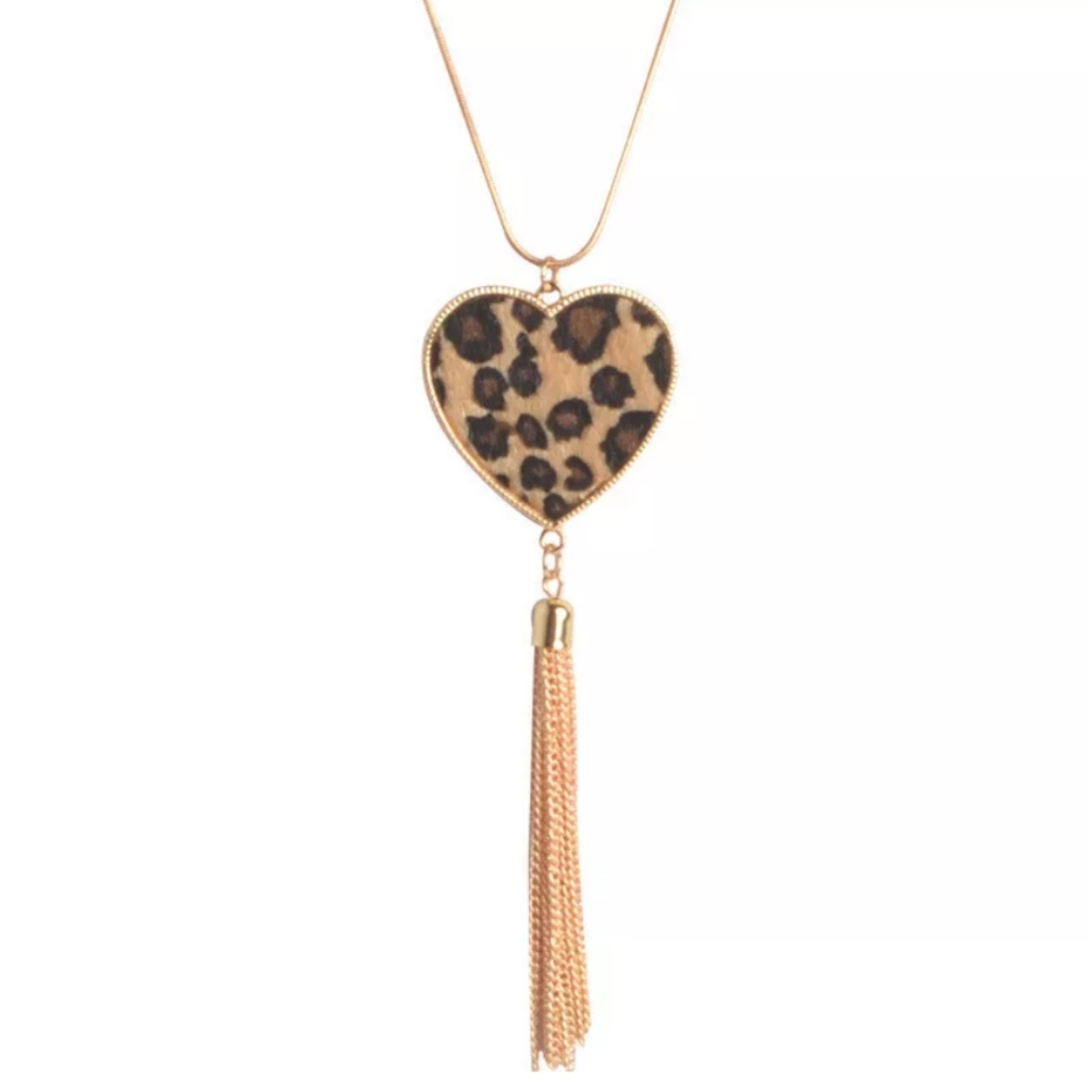 NEW Leopard Long Chain Pendant Necklace W/ Gold Metal Tassel 3for35